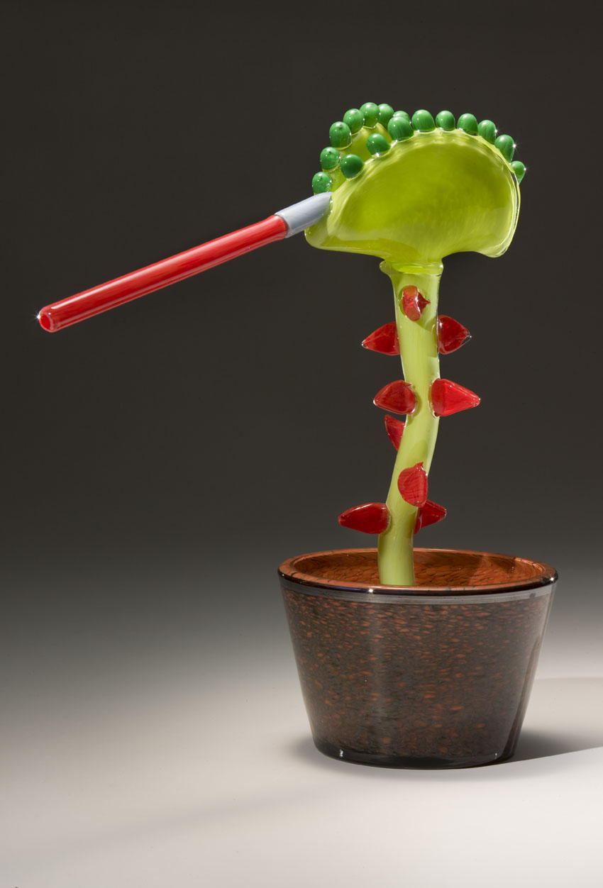  Designed by Benjamin Gruenbaum (age 9), made by Museum of Glass Hot Shop Team and Joseph Gregory Rossano (American, born 1962).&nbsp; Venus Flytrap with a light saber,  2008.&nbsp;Blown and hot-sculpted glass;&nbsp;17 x 16 x 7 in. Collection of Muse