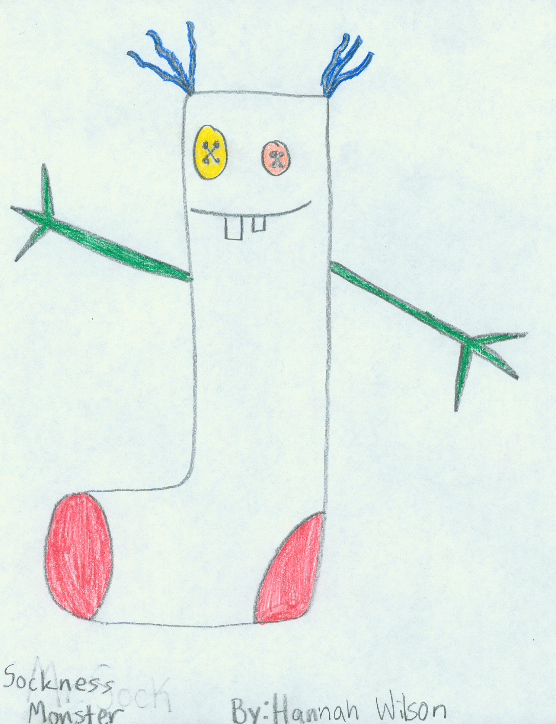  Hannah Wilson (age 11).&nbsp; Sockness Monster,  2009.&nbsp;Crayon on paper;&nbsp;11 x 8 1/2. Collection of Museum of Glass, Tacoma, Washington.&nbsp;   Sockness Monster  artist’s statement:  My sockness Monster eats all of the socks when they are i